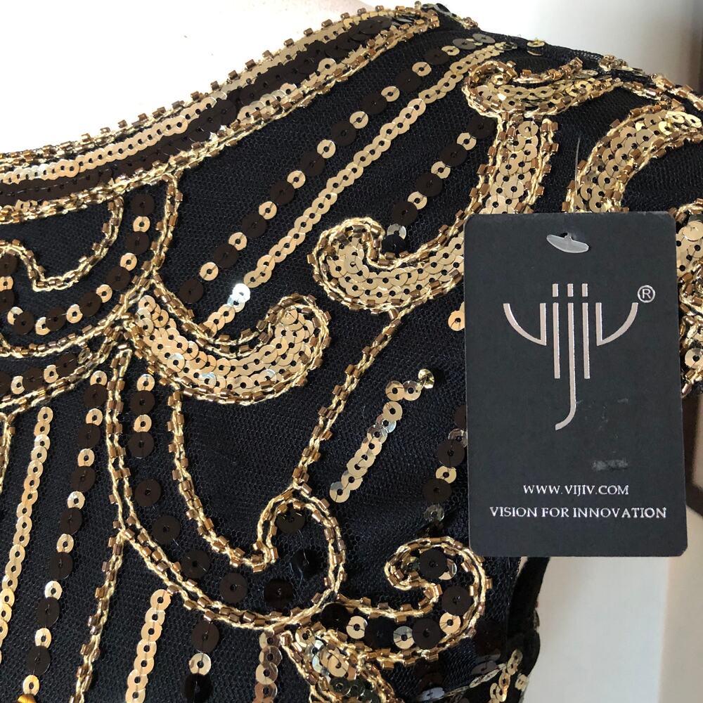 Black Gold Sequin Fringe Dress S Dance Party NYE Gatsby 1920 Flapper Costume NEW - Picture 10 of 12